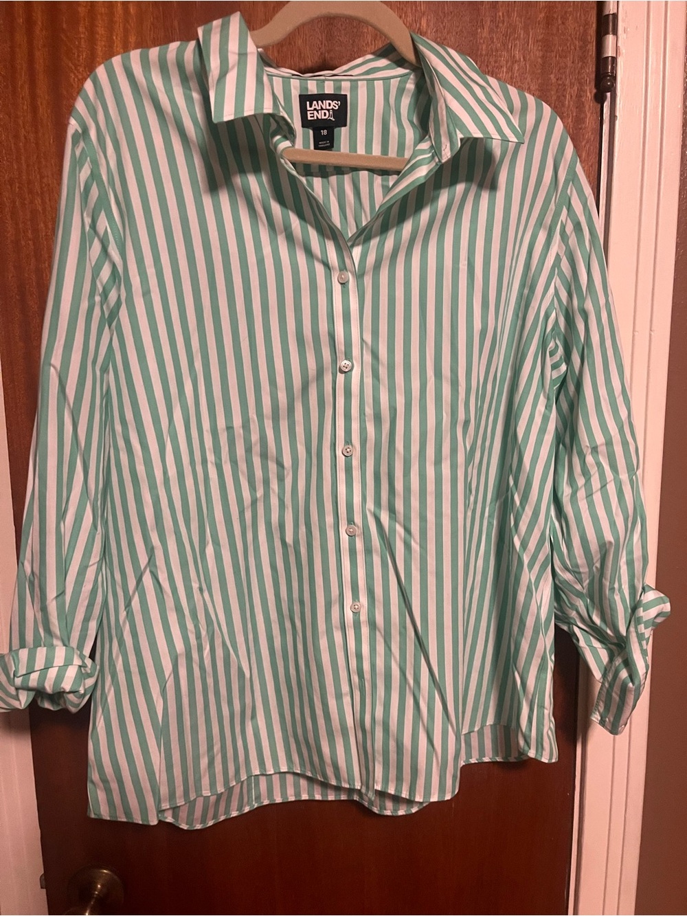 Lands' End Mint Green and White Striped Button-Front Shirt